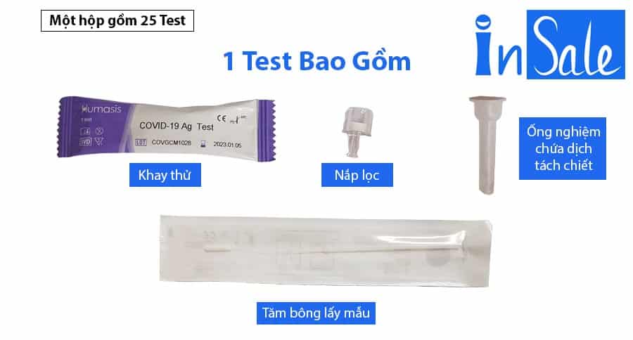 Hộp que thử covid bao gồm 27 bộ mỗi bộ có 4 thành phần